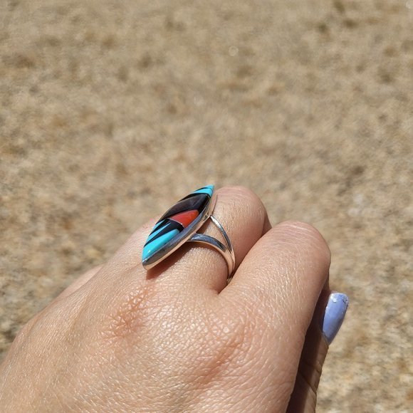 Zuni Multi Stones Diamond Shape Sterling Silver Native American Jewelry Sz 6.5US - Picture 6 of 13